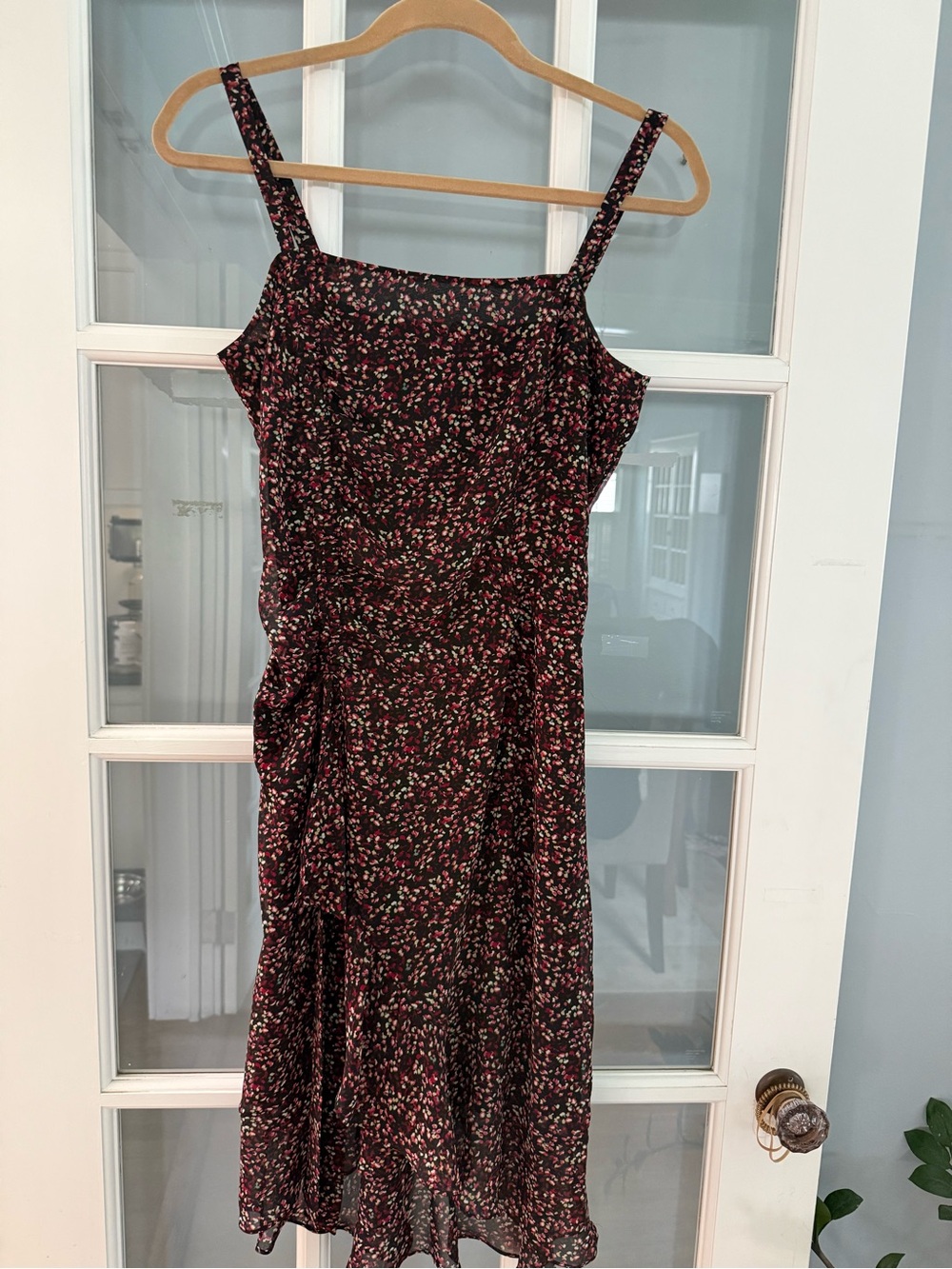 Aqua Black Floral Midi Slip Dress with Pink & Green Sprigs